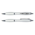 Two translucent pens in white and silver, featuring a sleek design and a silver clip, displayed side by side.