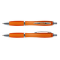 Translucent orange plastic pens with silver accents, featuring a clip and retractable design, laid side by side.
