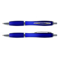 A blue translucent pen with silver accents, featuring a clip and a smooth writing tip, alongside a capped version.