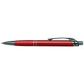 A sleek red metal pen featuring a textured grip and chrome accents.