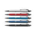 A set of five metal pens in silver, red, blue, and black, featuring a textured design and a logo.