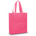 A pink tote bag with sturdy handles and a simple design, featuring a logo on one side.