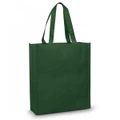 A green tote bag with sturdy handles and a simple design. It features a branding logo.
