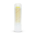 A transparent stick with a yellow core, featuring a white base. It has a twisted design and a logo on its surface.