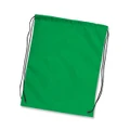 A green drawstring backpack with black cords, featuring reinforced corners and a simple design.
