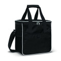A black cooler bag with white accents, featuring dual handles and a detachable shoulder strap.