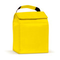 A bright yellow lunch cooler bag with a top flap and a sturdy handle.