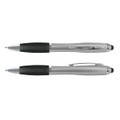 A silver stylus pen with a black grip, featuring a clip and an additional black pen beside it.
