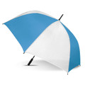 A sports umbrella featuring a blue and white design with a black handle and a logo on the shaft.