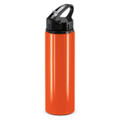 A drink bottle in vibrant orange with a black flip cap and a handle for easy transport. It features a logo.
