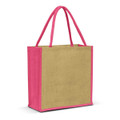 A jute tote bag with a natural beige body and bright pink handles, featuring a logo on the side.
