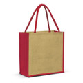 A jute tote bag in natural tan with bright red handles and trim. The bag has a simple design with no visible logos.