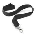 A black lanyard with a metal clip, featuring a sturdy fabric strap and a plastic clip for attachment.