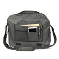 A grey messenger bag featuring multiple compartments, including pockets for a phone and pens. It has a sleek design and shoulder strap.