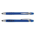 A stylus pen in blue with a sleek design, featuring a silver clip and buttons for added functionality.