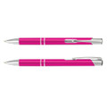 A metal pen in bright pink with silver accents, featuring a sleek design and a clip for easy carrying.