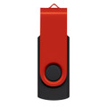 A red and black Helix 16GB flash drive with a swivel design and a circular button. It features a logo.