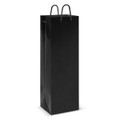 A black laminated wine bag with two handles, designed to hold a single wine bottle.