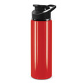 A drink bottle in vibrant red with a black snap cap and a branded logo.