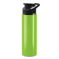A drink bottle in bright green with a black snap cap and a sleek design. It features a logo on the side.