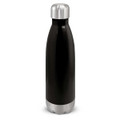 A drink bottle with a sleek black exterior and a silver cap, featuring a stainless steel base for durability.