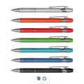 A collection of metal pens in silver, orange, red, green, blue, and black, featuring a logo on each pen.