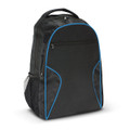 A black laptop backpack with blue accents and a mesh side pocket, featuring a front zippered compartment and a logo.