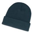 A beanie in a dark teal color featuring a rolled cuff design.