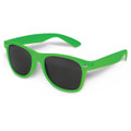 Green sunglasses with dark lenses and a plastic frame, featuring a logo on the side.