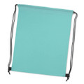 A turquoise drawstring backpack with black cords and a simple design. It features a logo.