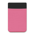 A pink Lycra phone wallet with a black top section, featuring a logo on the front.