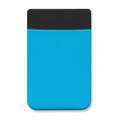 A Lycra phone wallet in a vibrant blue with a black top section, featuring a logo.