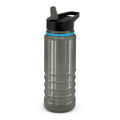 A drink bottle in grey with a black lid and a turquoise accent, featuring a straw and ribbed design.