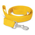 A yellow dog leash with a sturdy metal clip for attachment.
