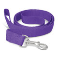 A purple dog leash with a metal clip at one end.