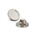 A round small lapel pin with a shiny silver finish and a secure clasp mechanism at the back.