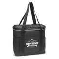 A black cooler tote with mesh pockets and a logo on the front. It features sturdy handles for easy carrying.