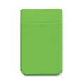 A green Lycra phone wallet featuring a single pocket and a smooth texture, with a branding logo.