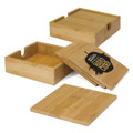 Bamboo coasters in various configurations, featuring a logo on one coaster, in natural bamboo colour.