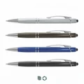 A collection of four stylus pens in silver, brown, blue, and black, featuring a logo on each.