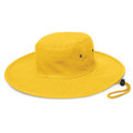 A yellow wide-brim hat with a drawstring, featuring a simple design and air vents.