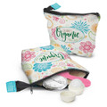 Colourful cosmetic bags featuring floral designs and a zip closure, with a logo and various small containers inside.