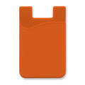 An orange silicone phone wallet with a curved design and a logo. Ideal for attaching to the back of a phone.