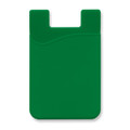 A green silicone phone wallet with a curved design and a slot for cards. It features a branding logo.