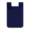 A navy silicone phone wallet with a curved design and a slot for cards. It has a branding logo on it.