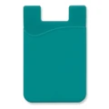 A teal silicone phone wallet featuring a smooth surface and a curved top edge, with a slot for cards.