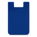 A blue silicone phone wallet with a curved design and a cut-out for easy attachment.