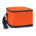 An orange insulated cooler bag with a black bottom and a carrying strap. Features a side pocket.