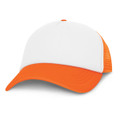 A trucker cap featuring a white front and bright orange mesh back.