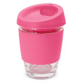 A drink bottle with a pink silicone lid and sleeve, featuring a glass body. It has a smooth, modern design.